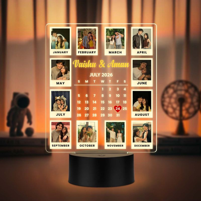Calendar Couple Photo UV Print Lamp with Warm White Glow Light Unique Anniversary, Birthday, or Wedding Gift for Couples, Wife, Husband,